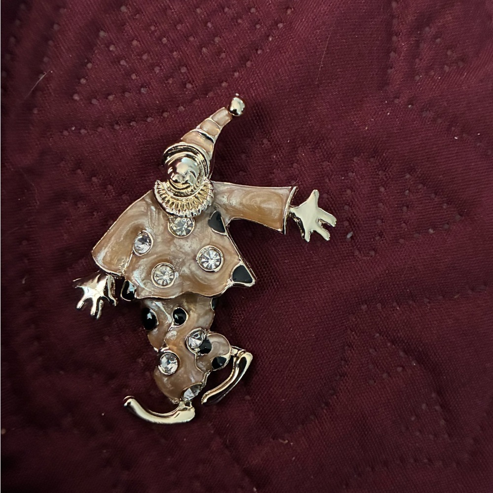 Gold and Cream Clown Brooch with Rhinestones